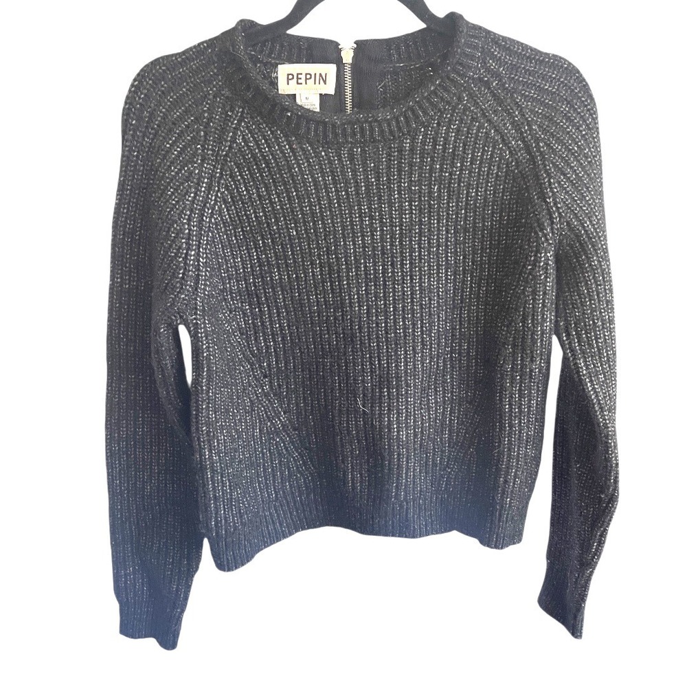 Anthropologie PEPIN Cropped Pullover Sweater Black‎ Grey Sparkle Knit Size m